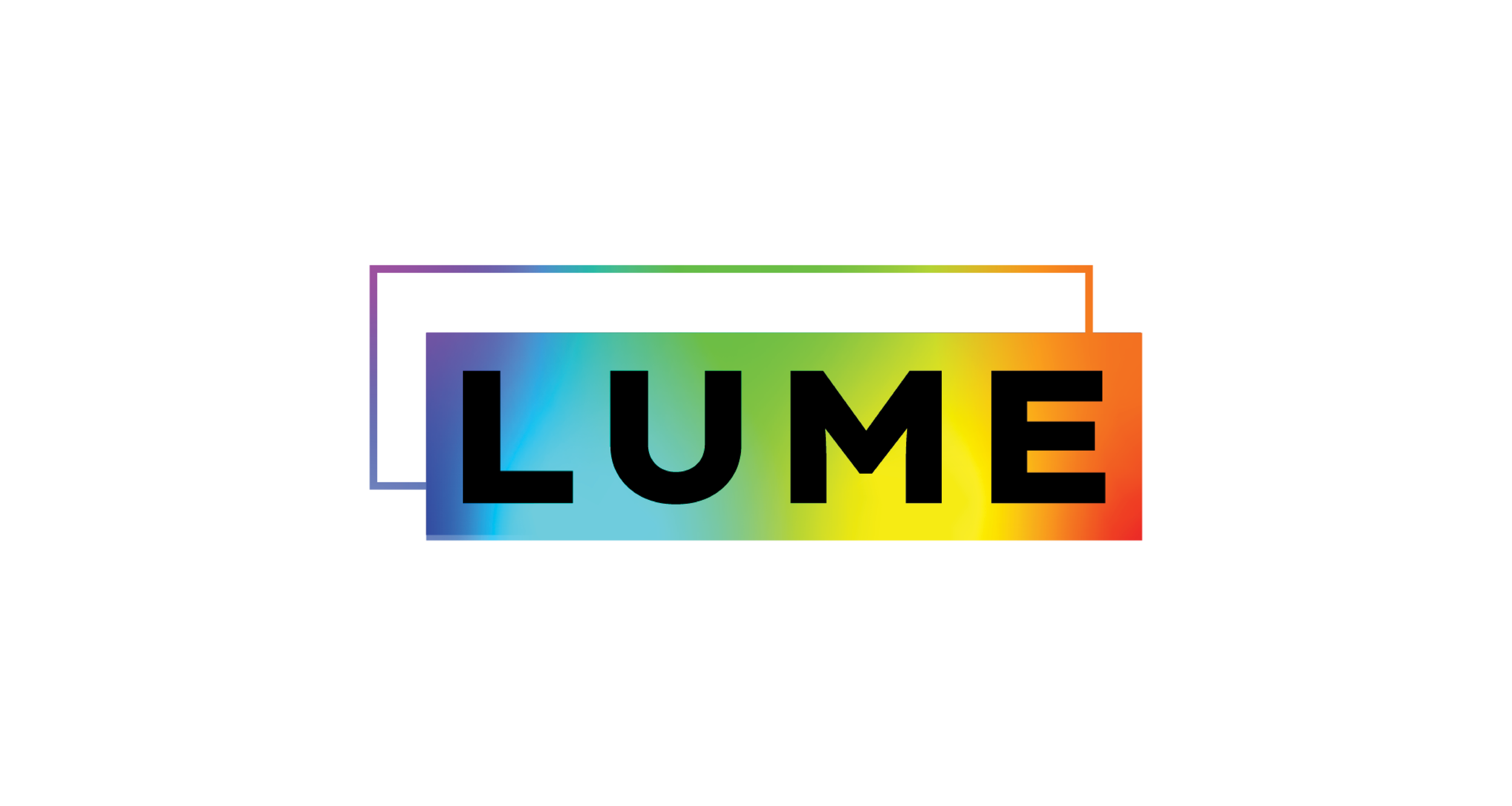 Colorful logo with the word 'LUME' in black, bold letters, over a gradient rainbow background and a minimalistic outline of a rectangle in rainbow colors.