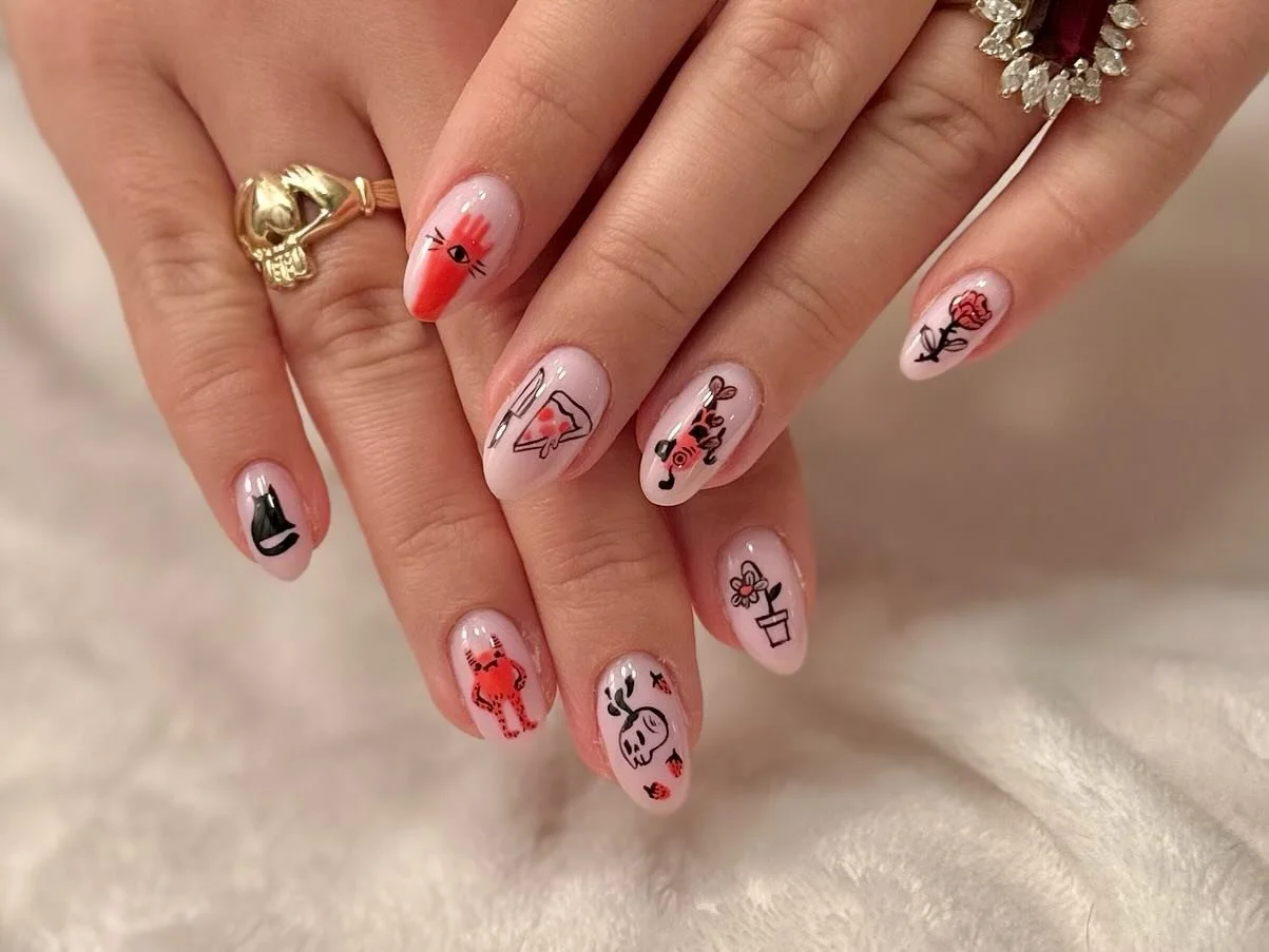 ❤️🥀🔪🐈&zwj;⬛🍓

// @linda__flowers__ nails for Gray!! we&rsquo;re deciding 2024 is the year of lil guys (and creativity)

// #gelnails #structuredmanicure #structuredgelmanicure