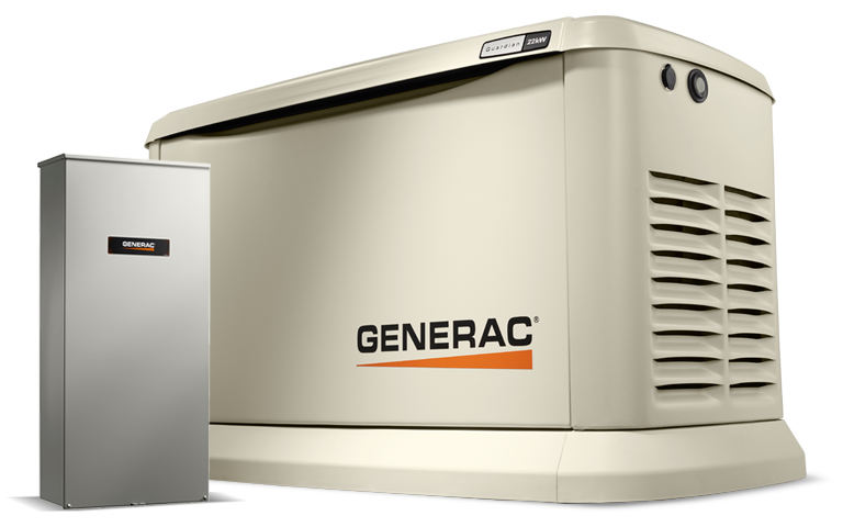 A Generac power generator system with an outdoor unit and an electrical control panel.