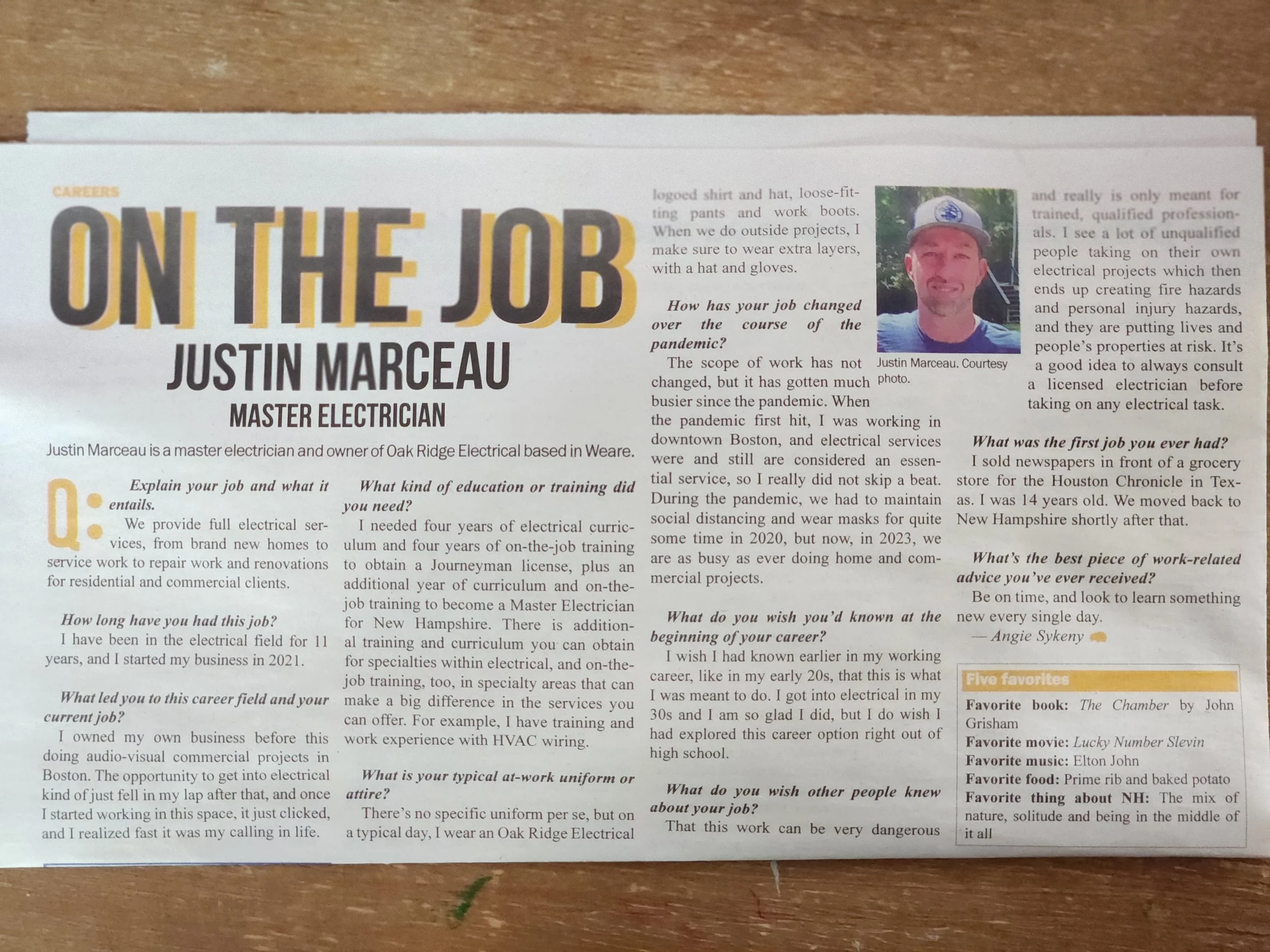 Interview article with Justin Marceau, Master Electrician, titled 'On the Job'. Contains a headshot of Justin Marceau and sections discussing his career, education, first job, work attire, career changes, and personal favorites such as book, movie, m