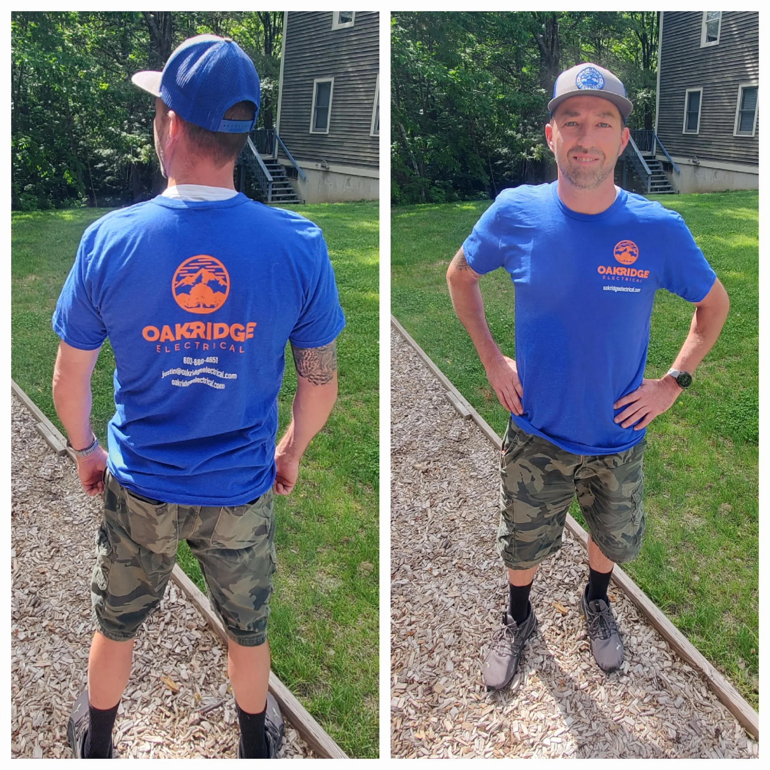 Oak Ridge Electrical commercial contractors owner standing outdoors on a gravel path, wearing a blue t-shirt with 'OAKRIDGE ELECTRICAL' 
