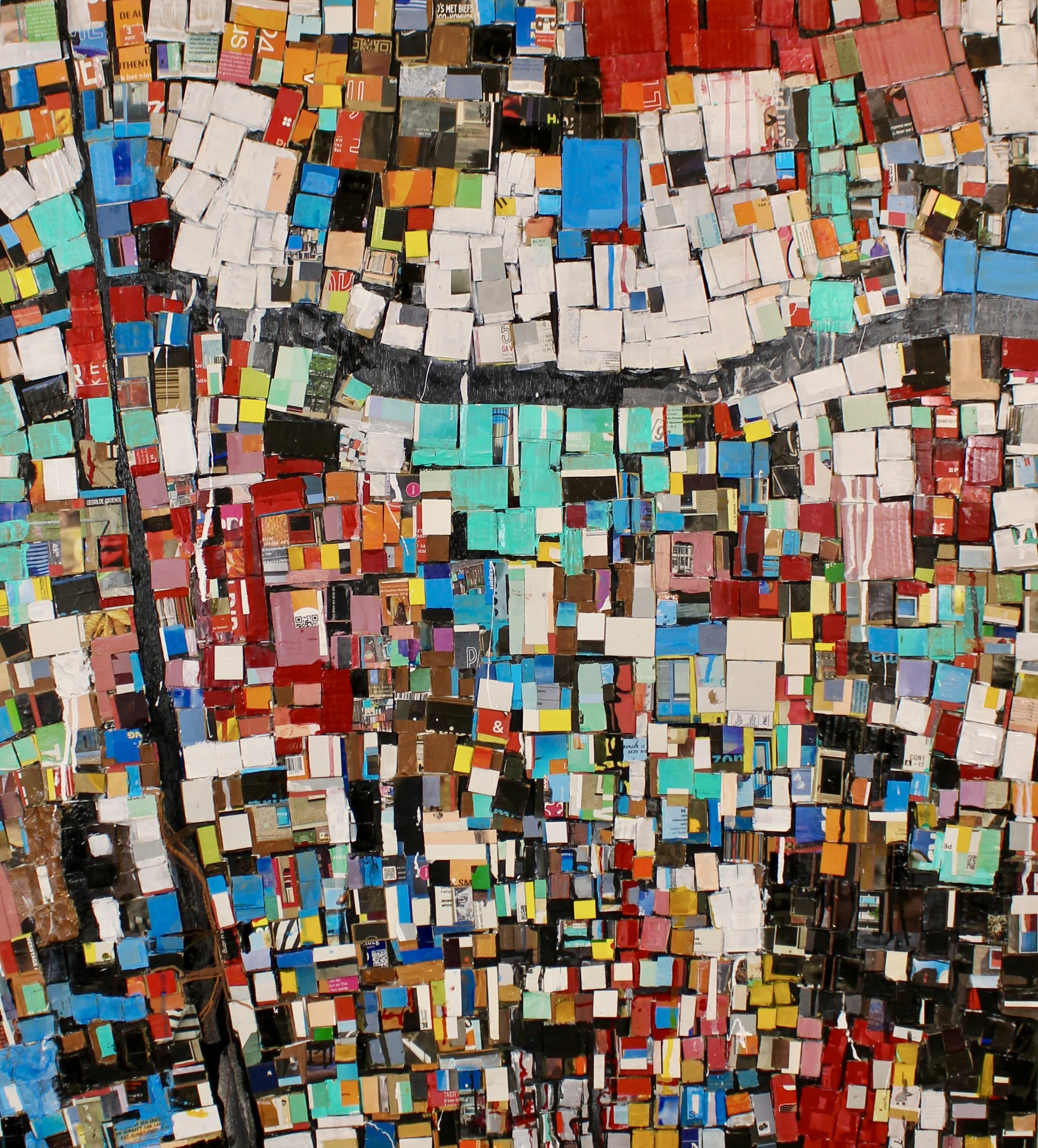 A colorful, aerial collage of tightly packed rectangular boxes, depicting a densely populated residential area with a network of black roads and a distinct large water body in the center.