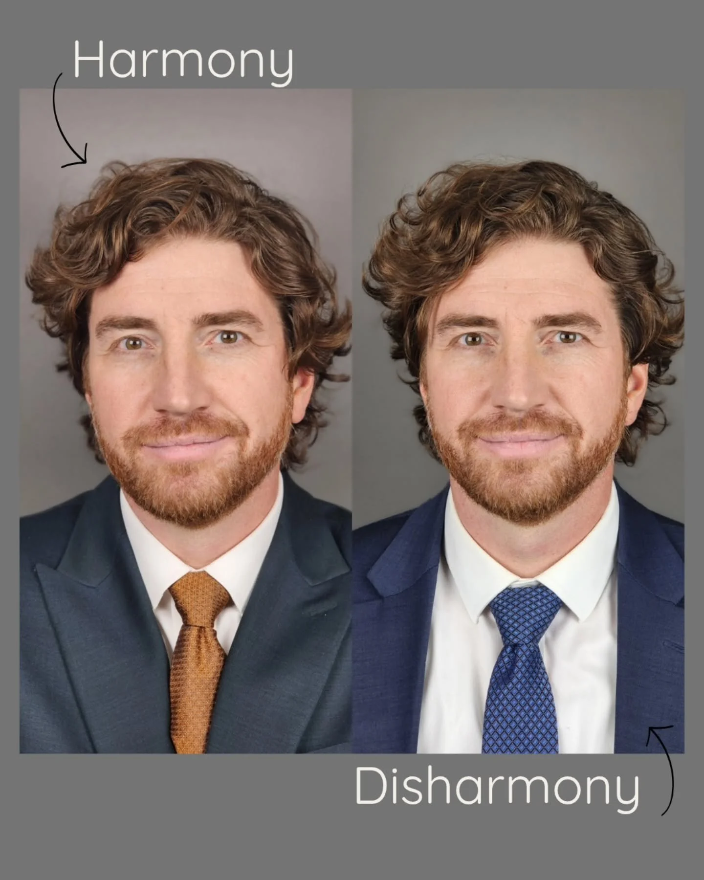 Color is Powerful!
Here is my handsome True Autumn husband: all warm Undertone with medium value and medium to med/low chroma.
✨️ On the right he is in a cool hue blue suit and tie that he has been wearing for years. He doesn't look bad but the disha