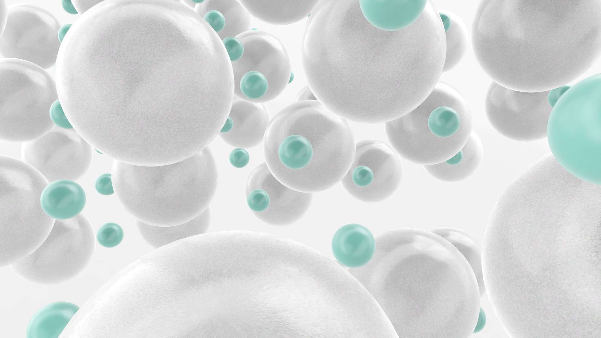 A digital illustration depicting floating white and teal spherical atoms or molecules in a three-dimensional space.