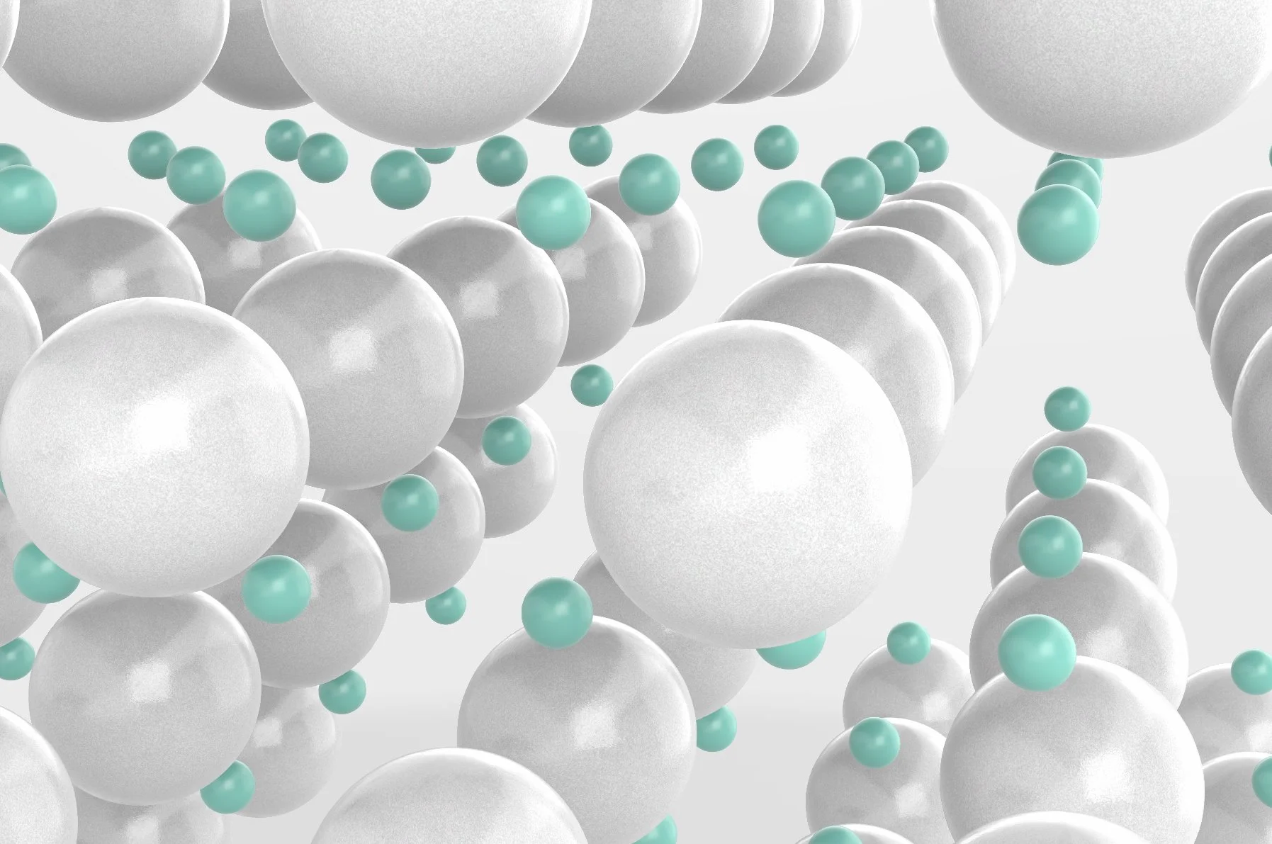 A digital illustration of numerous white and light teal spherical particles floating in space, creating an abstract pattern.