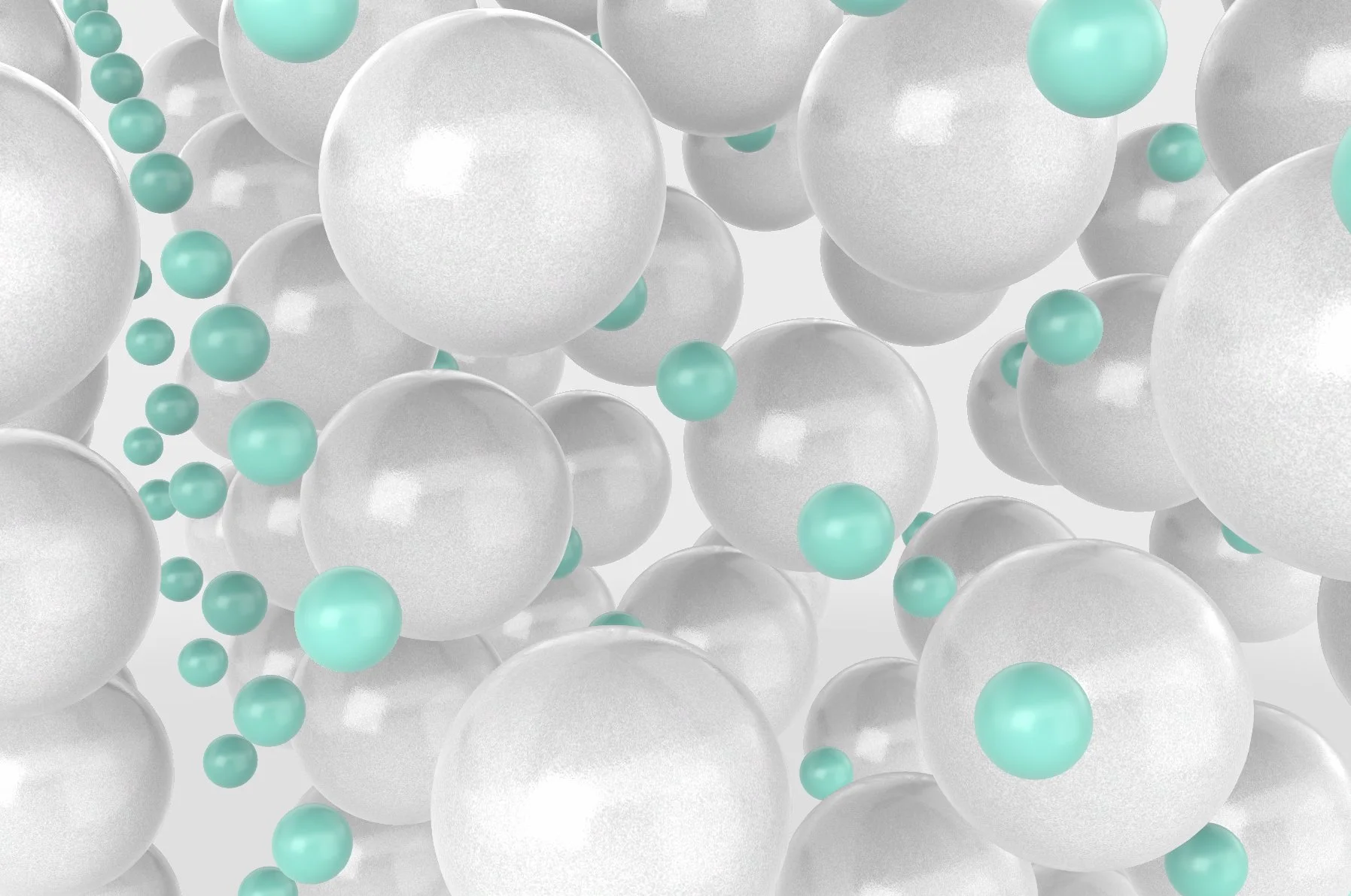 Cluster of white and turquoise spherical bubbles of various sizes.