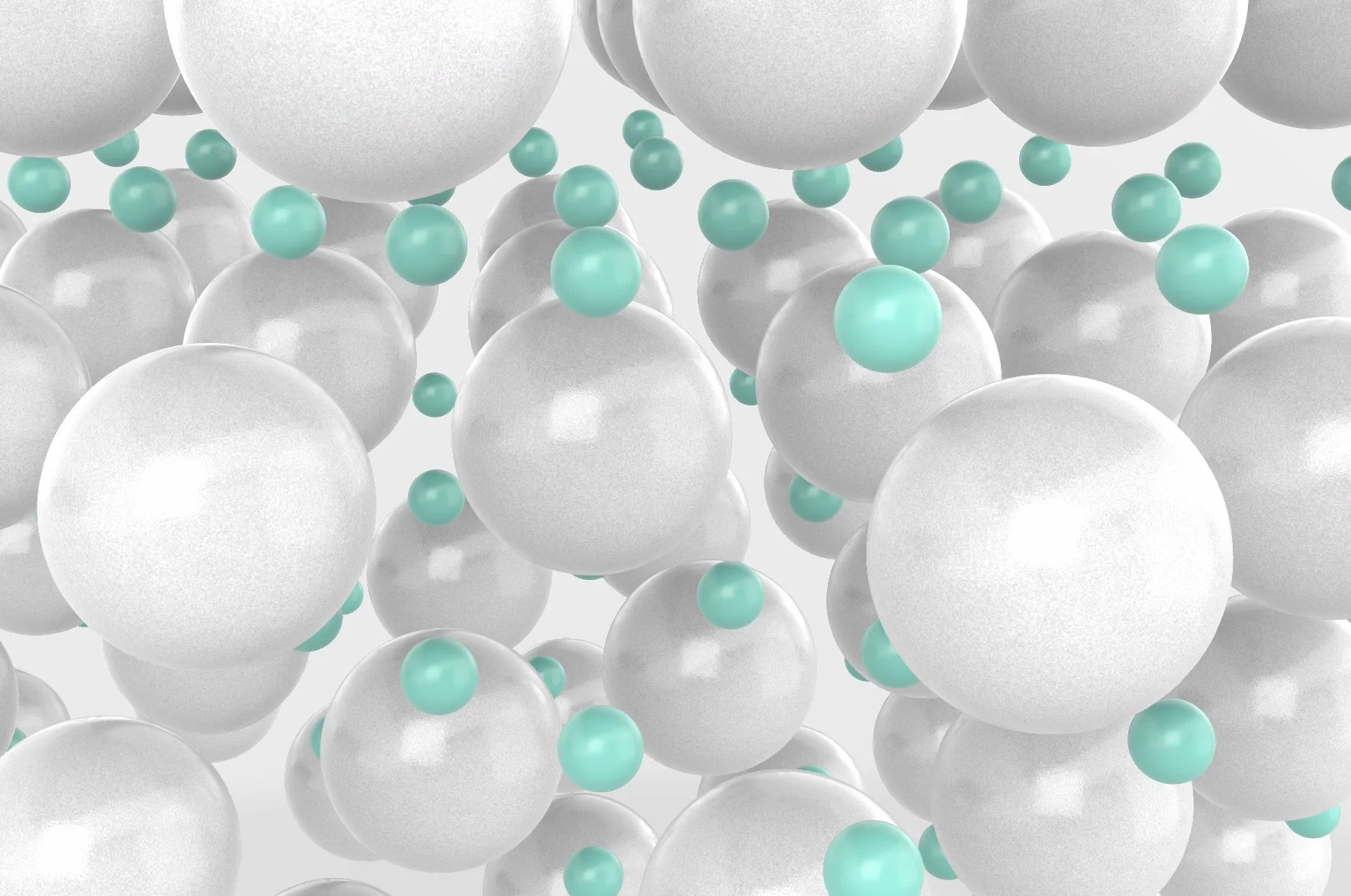 A digital illustration of white and teal spheres floating in a three-dimensional space.