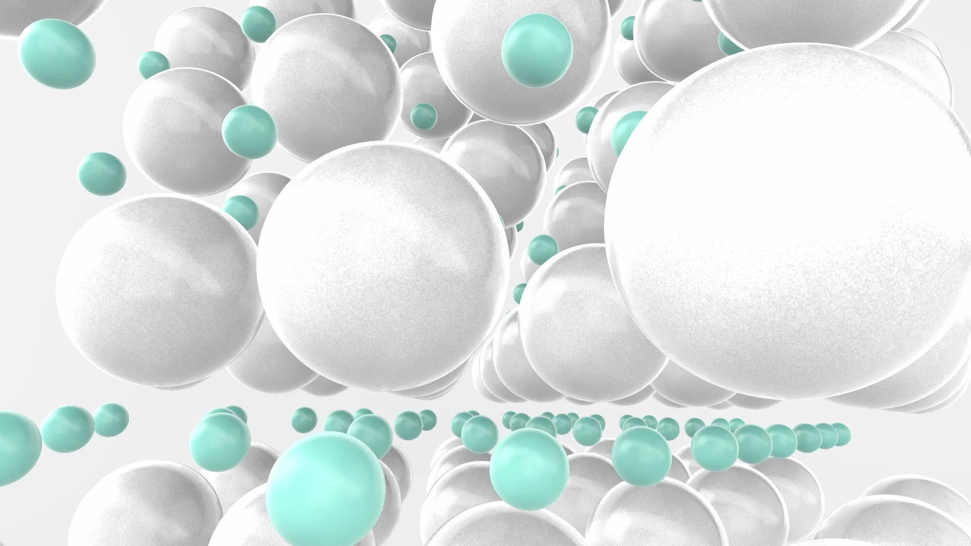 A digital illustration depicting a close-up view of white and turquoise spherical particles, with some particles appearing translucent, floating in a light gray background.