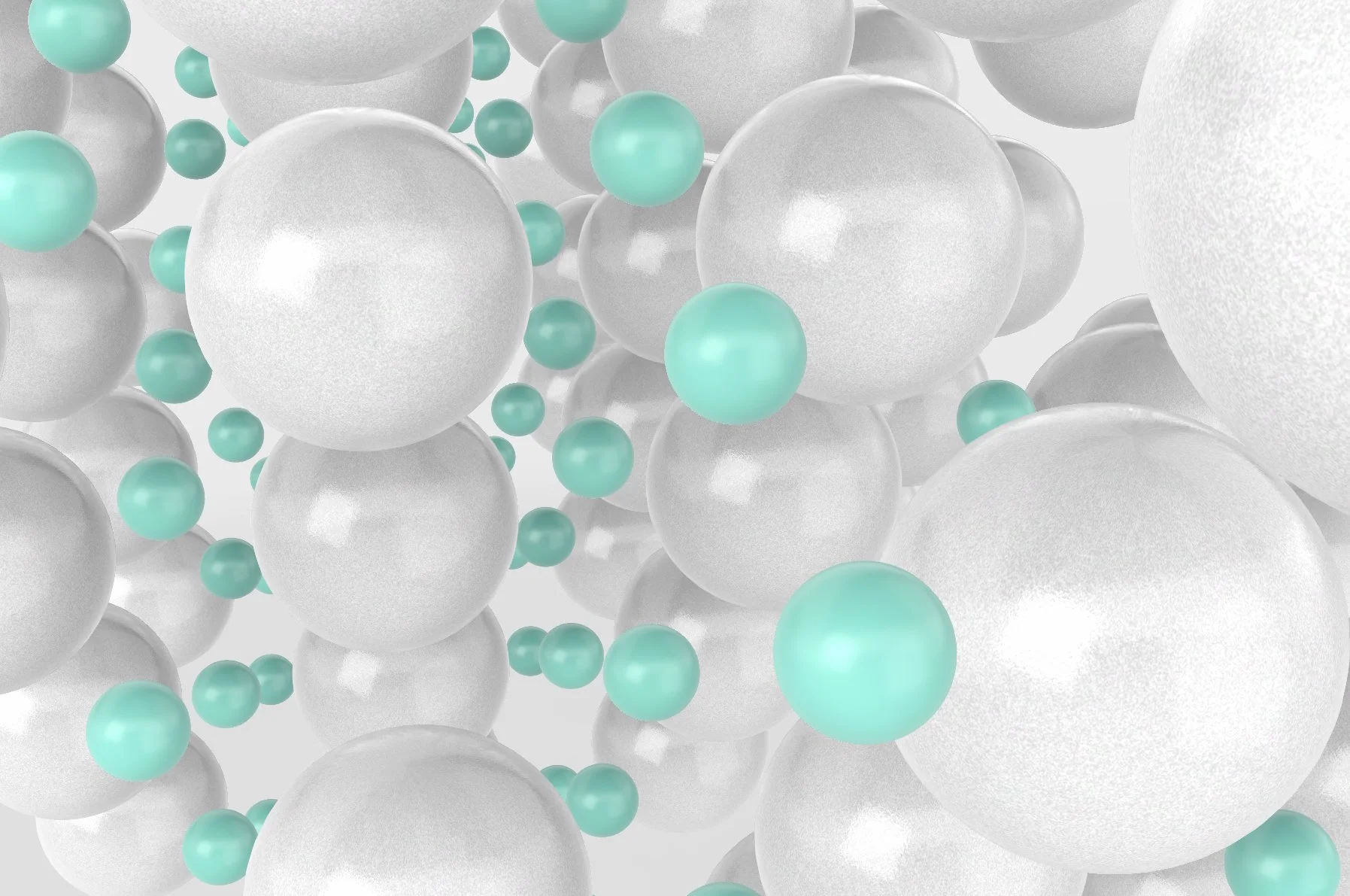 A digital illustration of numerous white and light teal atoms of various sizes floating and clustering together in a three-dimensional space.