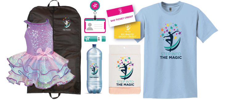 Dance costume, backpack, lanyard with badge, photo shoot credit, ticket credit, water bottle, towels, and t-shirt, all with the same logo and slogan 'Step into the Magic' featuring a ballerina.