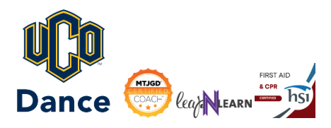 Series of logos including UCO Dance, MTJGD Certified Coach, Lean N Learn, First Aid & CPR Certified, and HSI.