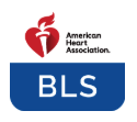 Logo of the American Heart Association with the letters BLS inside a blue rectangle.