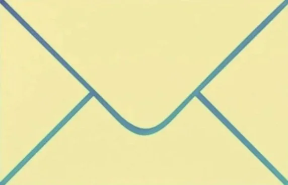 Close-up of a yellow envelope with blue edges and flap.