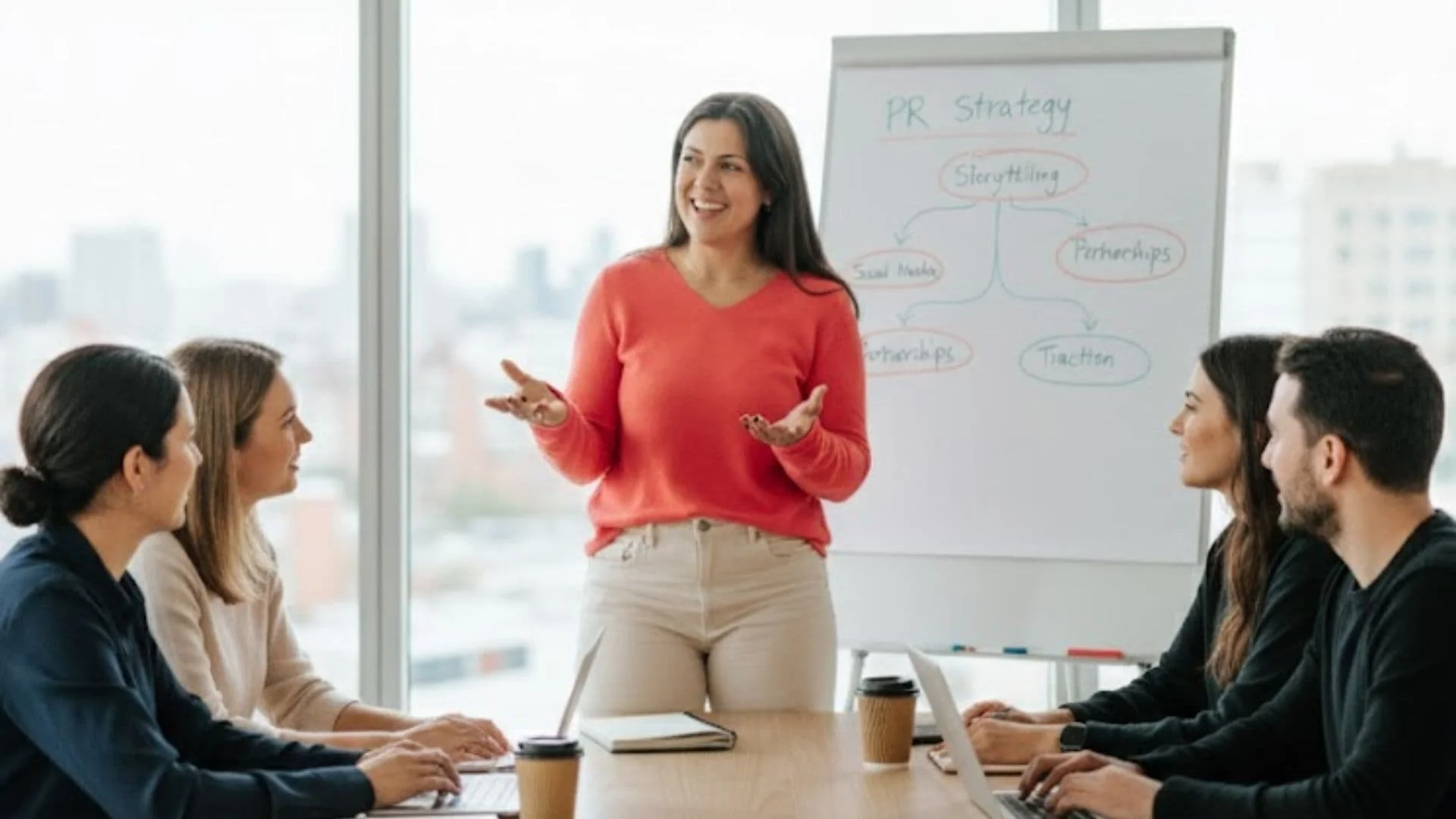 Eine Frau mit langen dunklen Haaren und einem roten Pullover und einer beigen Jeans steht neben einem Flipchart und erklärt einer Gruppe von Workshop Teilnehmern etwas.