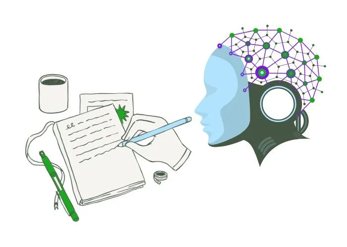 Rechts ein Kopf mit verschiedenen Elektrolyden in den Farben Grün, Lila, Anthrazit und Hellblau; Rechts unten eine Hand, die mit einem Stift in ein Buch schreibt. Links daneben liegt ein weiterer Stift und eine Tasse mit einer Flüssigkeit