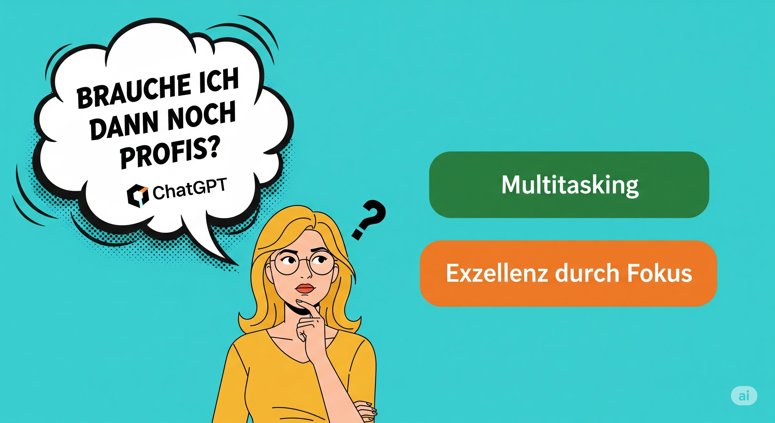 Illustration einer blonden Frau mit Brille, die nachdenklich auf eine ChatGPT-Sprechblase blickt. Daneben zwei Schaltflächen: „Multitasking“ und „Exzellenz durch Fokus“.
