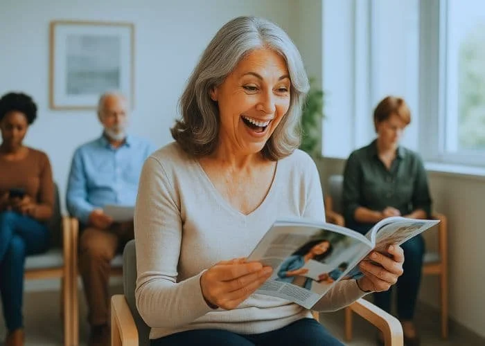 Frau sitzt lachend in einem Wartezimmer und liest eine Zeitschrift. Hinter ihr sitzen andere Menschen in ihren Stühlen.