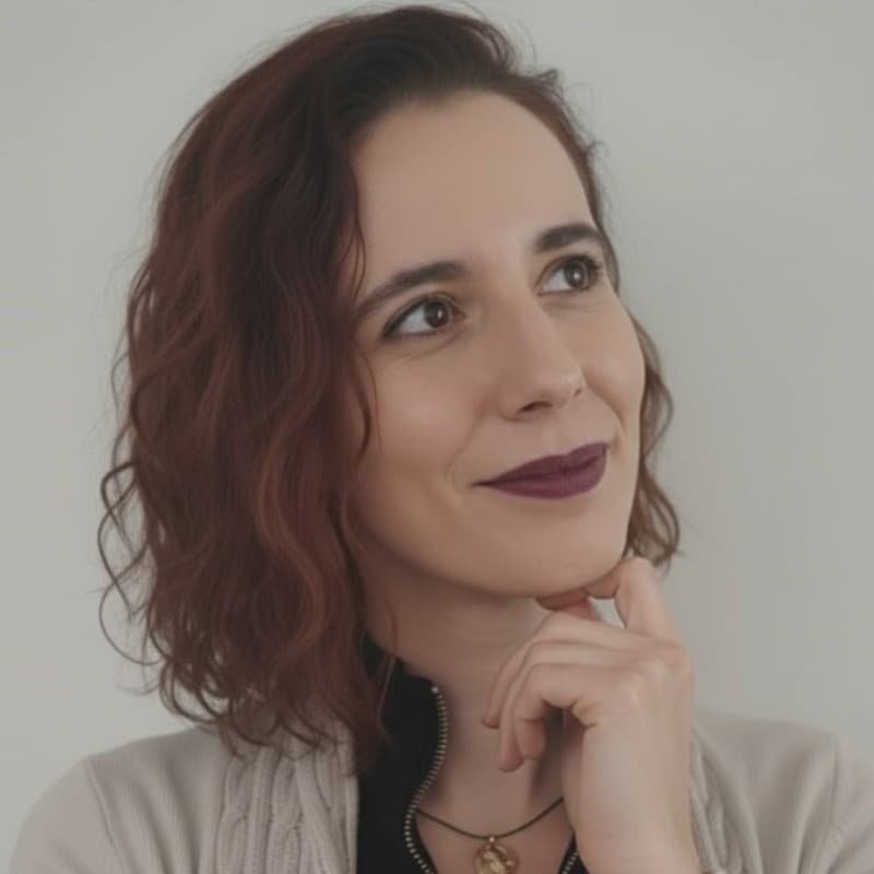 Nahaufnahme einer Frau mit lockigem, braunem Haar, die lächelnd an ihre Nase denkt, vor einem weißen Hintergrund.