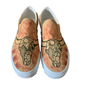 Custom Vans Slip-On  – Desert Scene Cow Skull Design