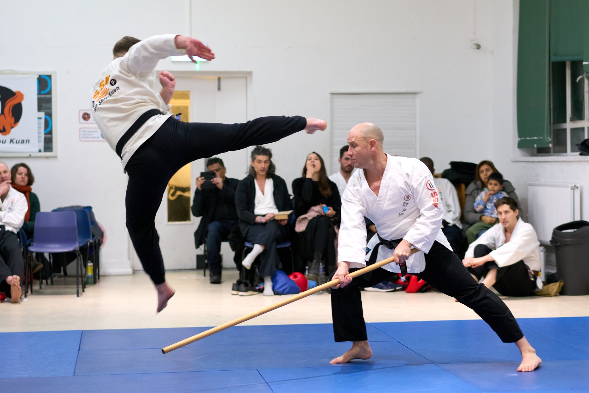 Jumping Kick to evade stick attack.