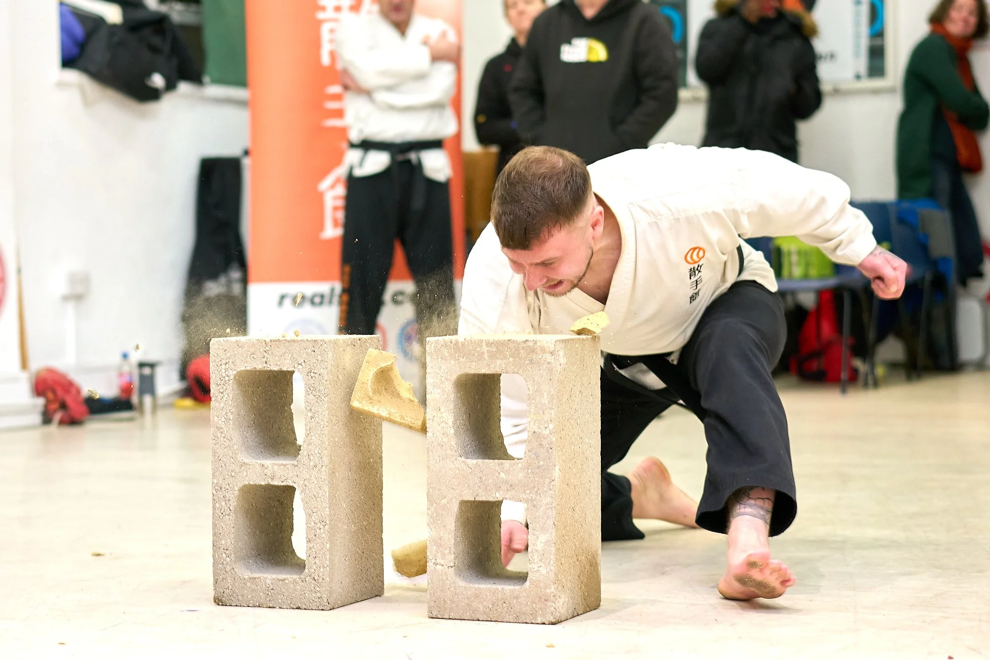 Lee destroying bricks with a chop