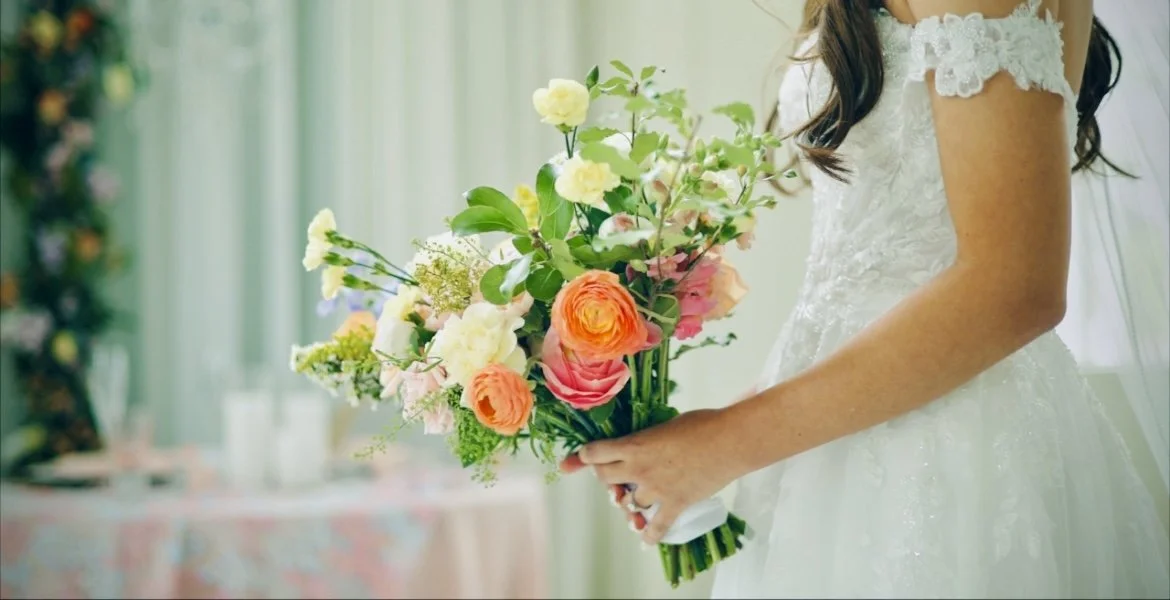 Close-up wedding bouquet detail from a cinematic Michigan wedding film