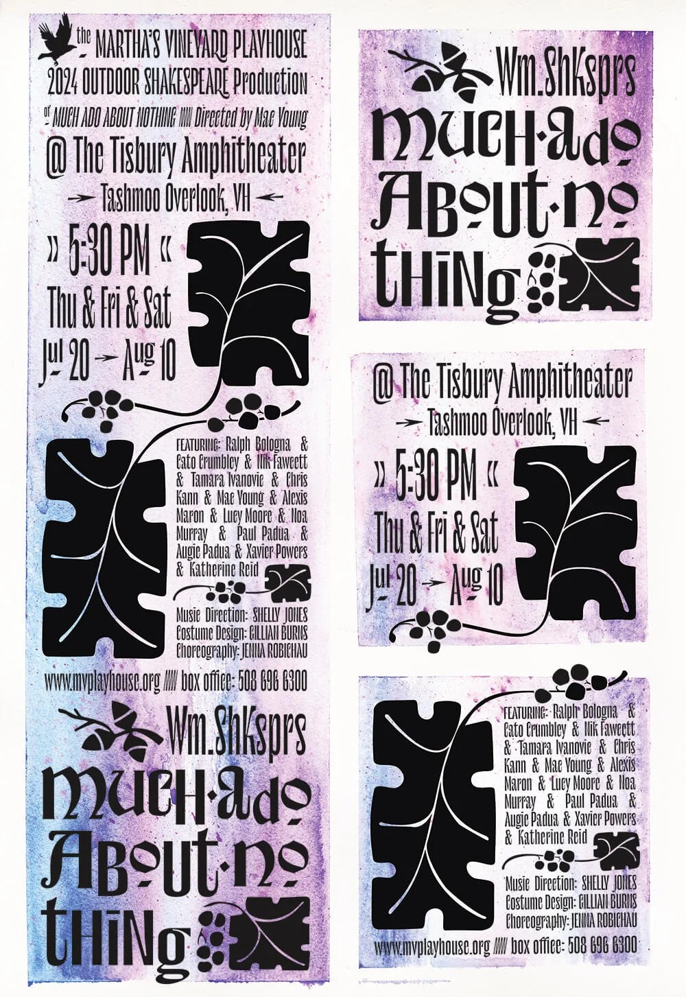 Event poster for a 2014 outdoor Shakespeare production at Martha's Vineyard Playhouse. It includes dates from July 20 to August 10, featuring performances of 'Much Ado About Nothing' at the Tisbury Amphitheater in Tashmoo Overlook, with showtime at 5