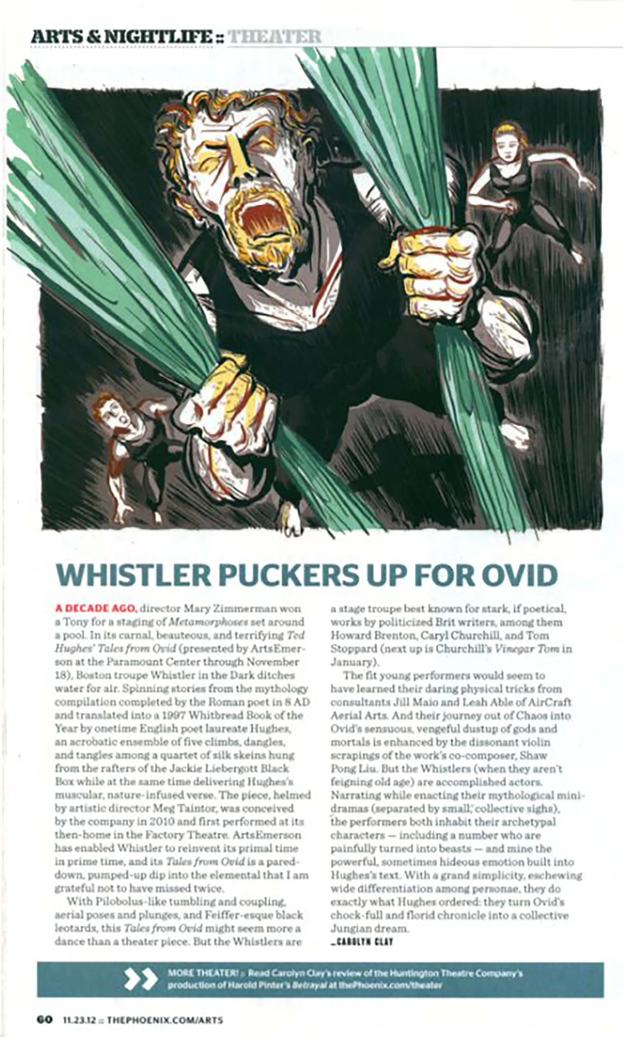 Illustration of a theatrical poster featuring a man with an open mouth holding green fabric and two women in the background, with text about a production of "Tales from Ovid" by the Whistler Puckers.