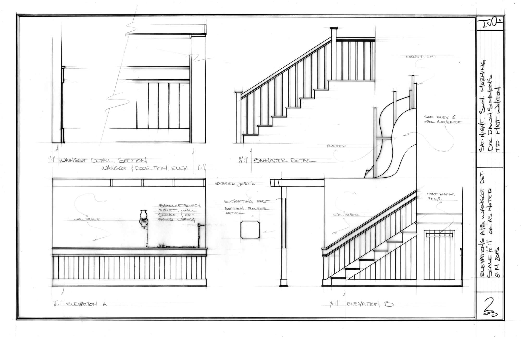 Blueprint drawings of staircase and bannister details for a home interior, including elevation views and section details.