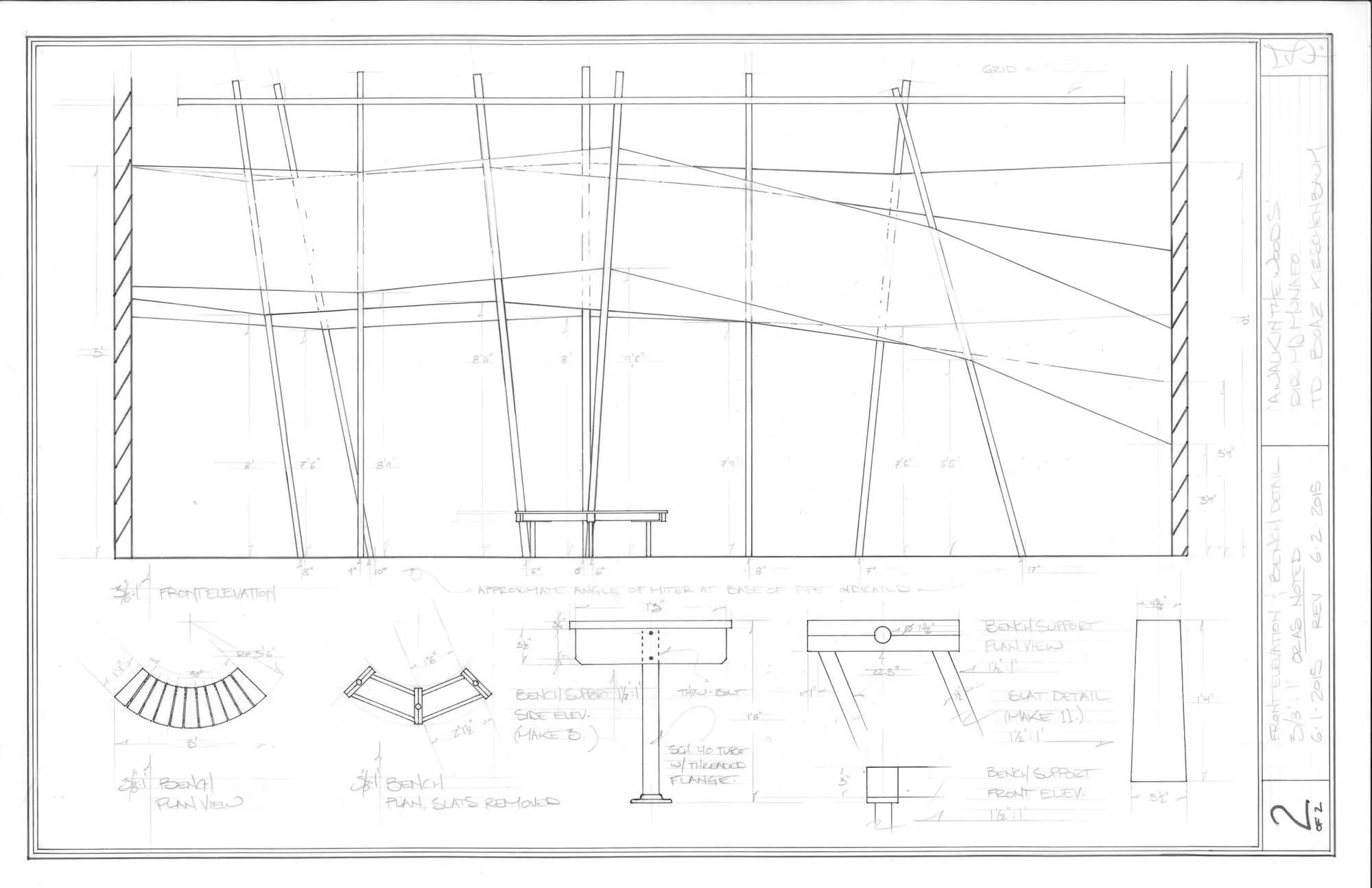 Architectural blueprint drawing of a curved structure with detailed view of benches and supports, including measurements and construction notes.