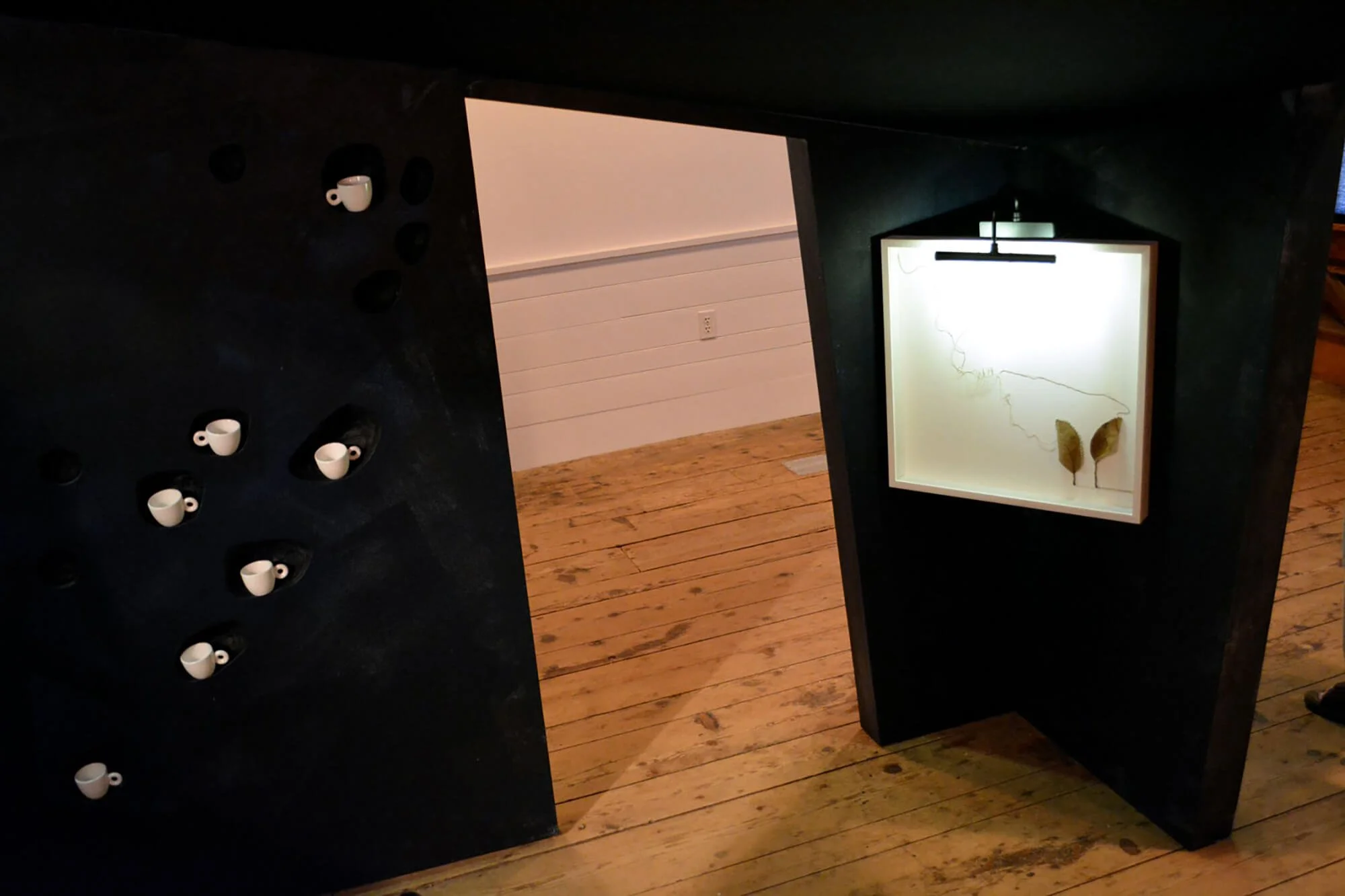 An art installation featuring a black panel with small white cups attached, and a lighted display case with dried leaves and wire inside, set on a wooden floor.