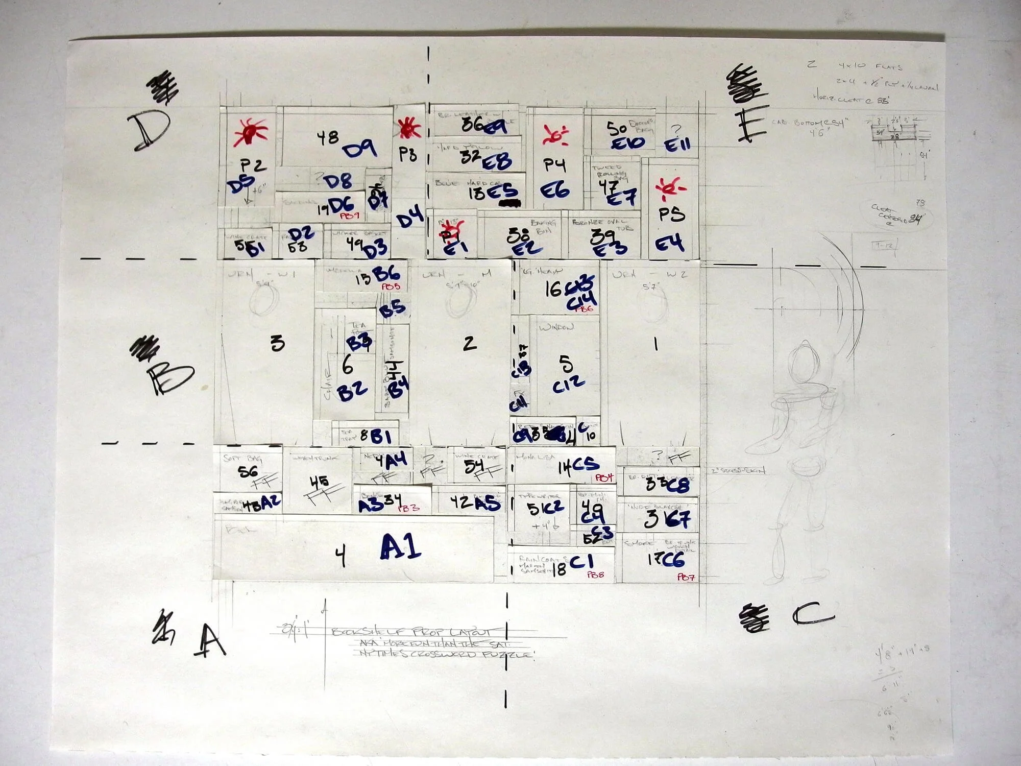 Hand-drawn basketball court layout with numbered sections, annotations, and markings, including scribbles and notes on the side.