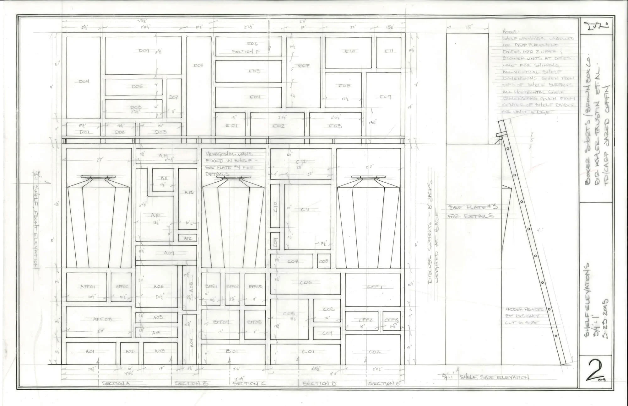 Detailed architectural blueprint of a custom cabinetry and shelving unit with measurements and notes for construction and design.