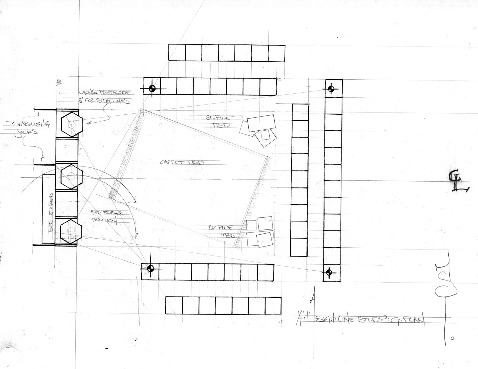 Architectural blueprint of a sports field with seating, pathways, and labeled features such as stabilizing jacks, bed roller, and multiple indicated sightline boxes.