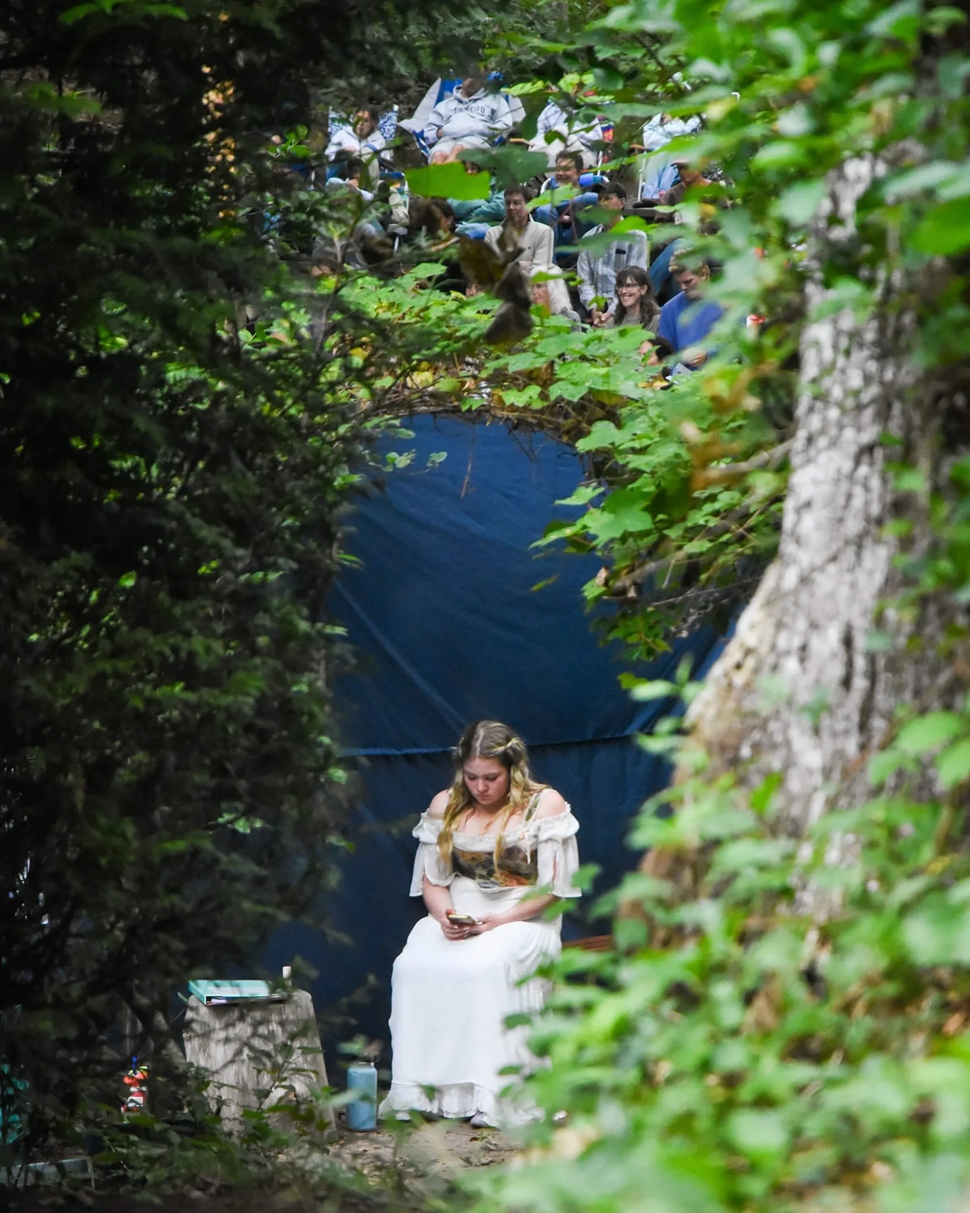 A young woman in a white dress sitting on a stone in a wooded area, looking at her phone, with a blue drape behind her. The scene is framed by green foliage and trees.