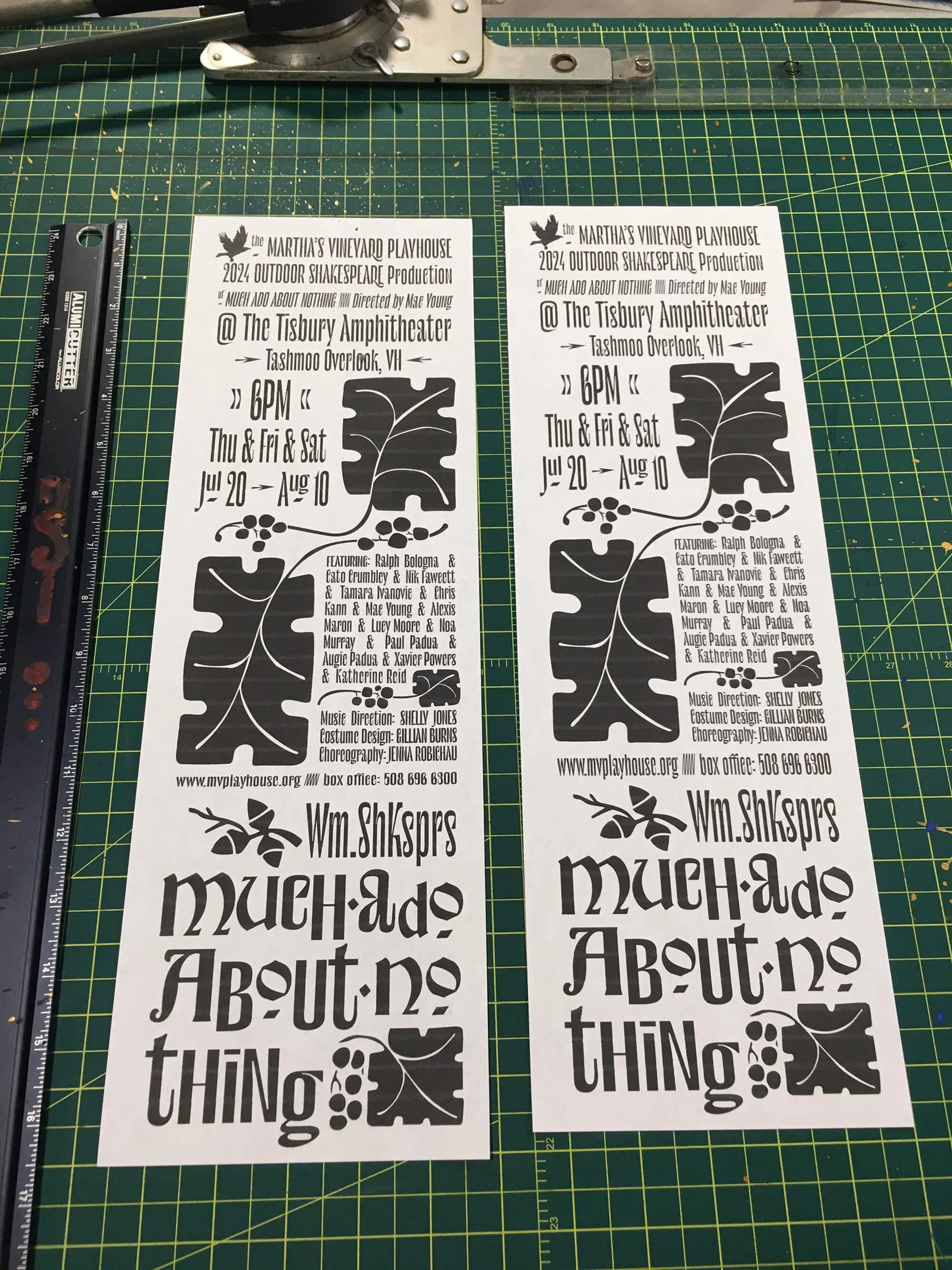 Two identical promotional flyers for a Shakespeare event at Tisbury Amphitheater, featuring oak leaves, berries, and a stylized feather design in black and white.