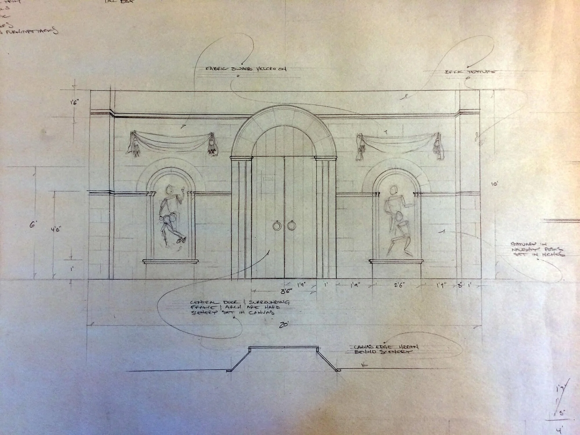 A detailed architectural sketch of a decorative wall with two arched windows, ornate drapery, and two figurative wall sculptures, including dimensions and notes.