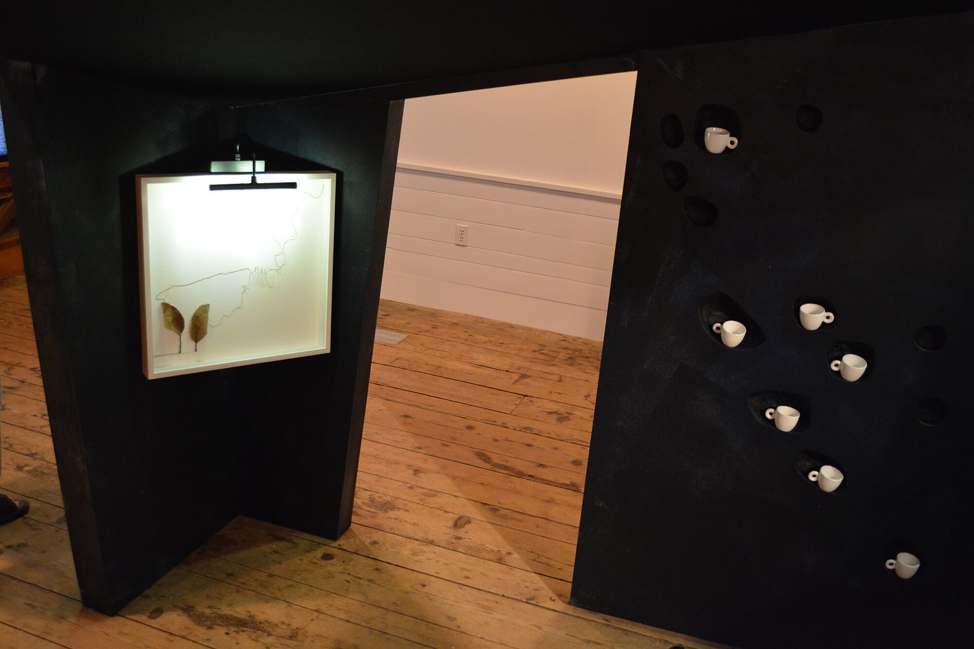 An art installation with a black structure featuring a square lightbox with plants and wiring inside, and a mound with small white cups embedded in it on the right side, on a wooden floor.