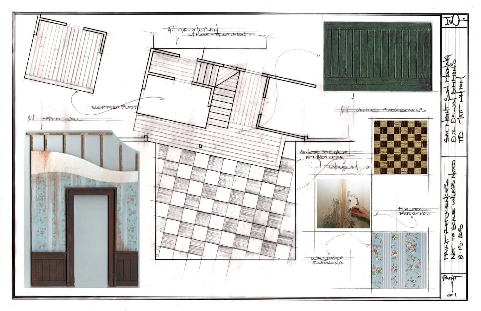 A detailed home renovation plan including flooring, wall patterns, and wake-up striping, with photos and swatches of wallpaper, flooring, and paint.