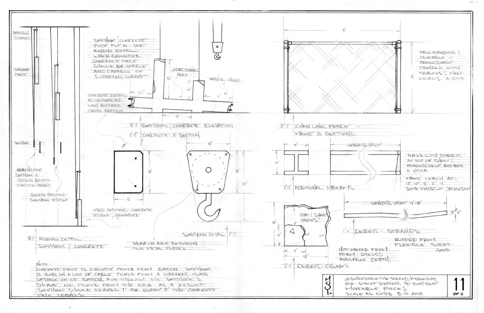Technical blueprint of a construction project showing concrete footing, chain link fence, and debris with handwritten measurements and notes.