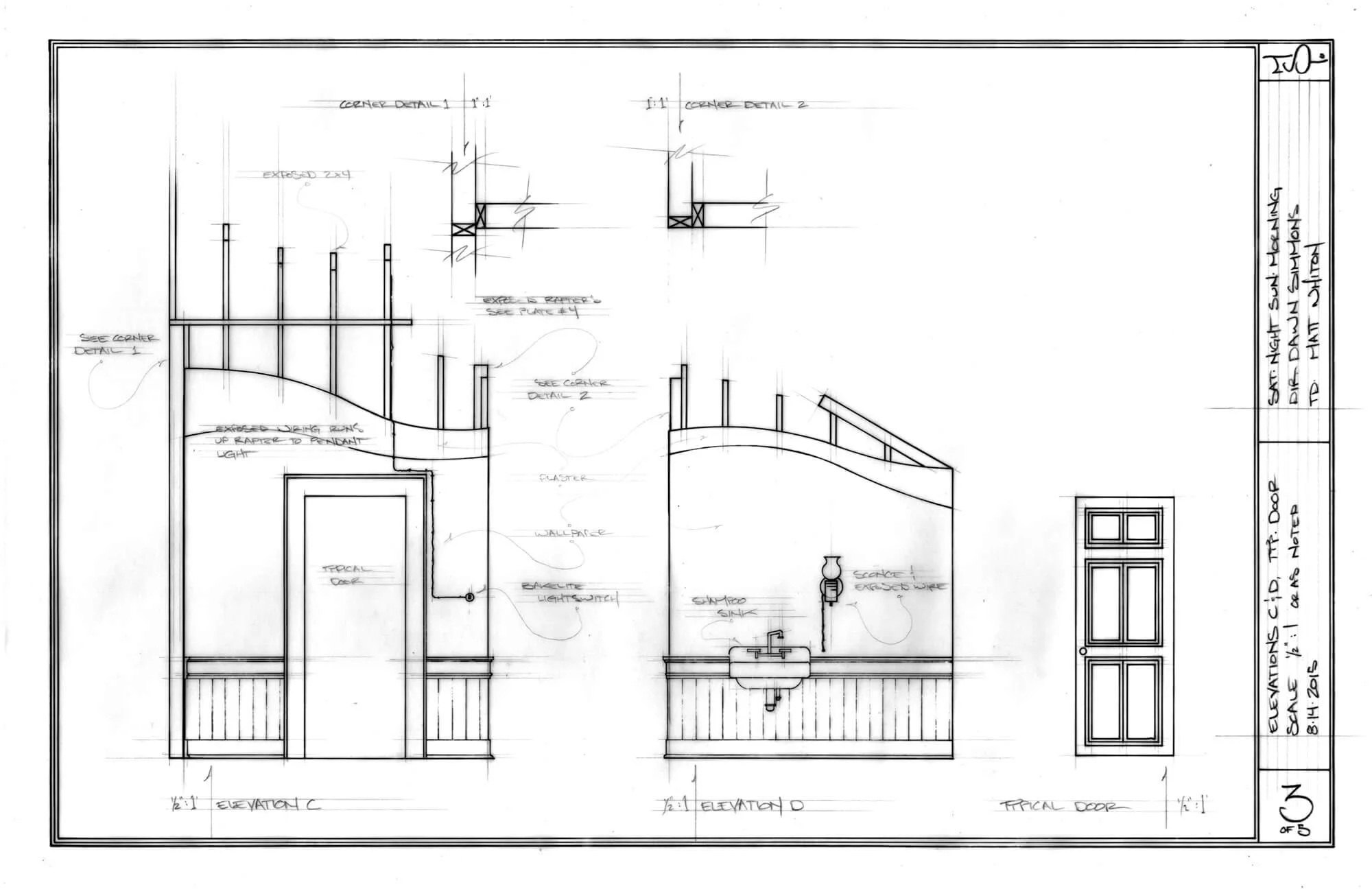 Architectural drawing of interior elevation designs, including a door, a sink, wall paneling, lighting fixtures, and decorative details.