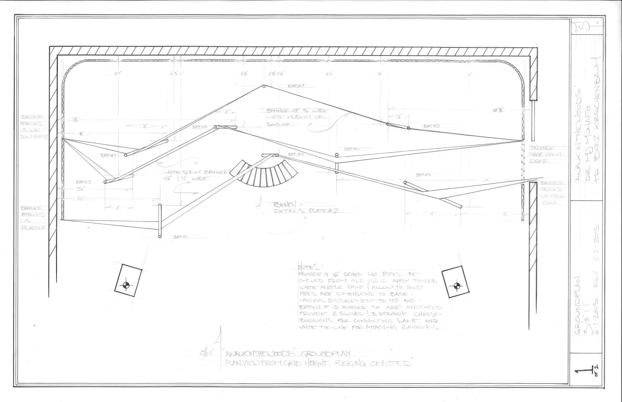 Architectural blueprint of a backyard with pool and patio, including measurements, stairs, and annotations for construction.