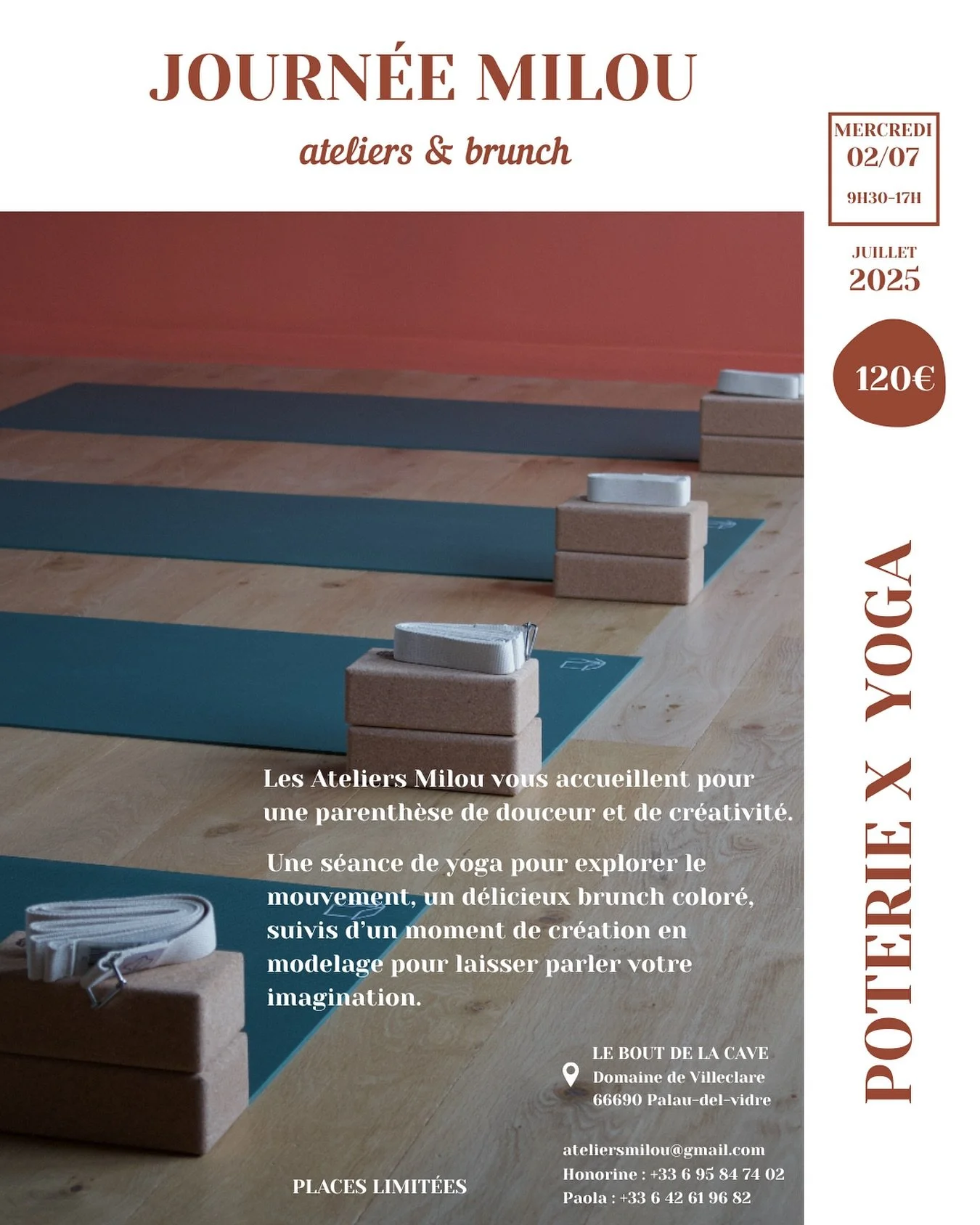 Les ateliers Milou te proposent un format journ&eacute;e le MERCREDI 2 JUILLET 🔥

L&rsquo;id&eacute;e c&rsquo;est de se retrouver pour passez une journ&eacute;e full plaisir. 
Au programme : Yoga, brunch de dingue, atelier c&eacute;ramique et rigola