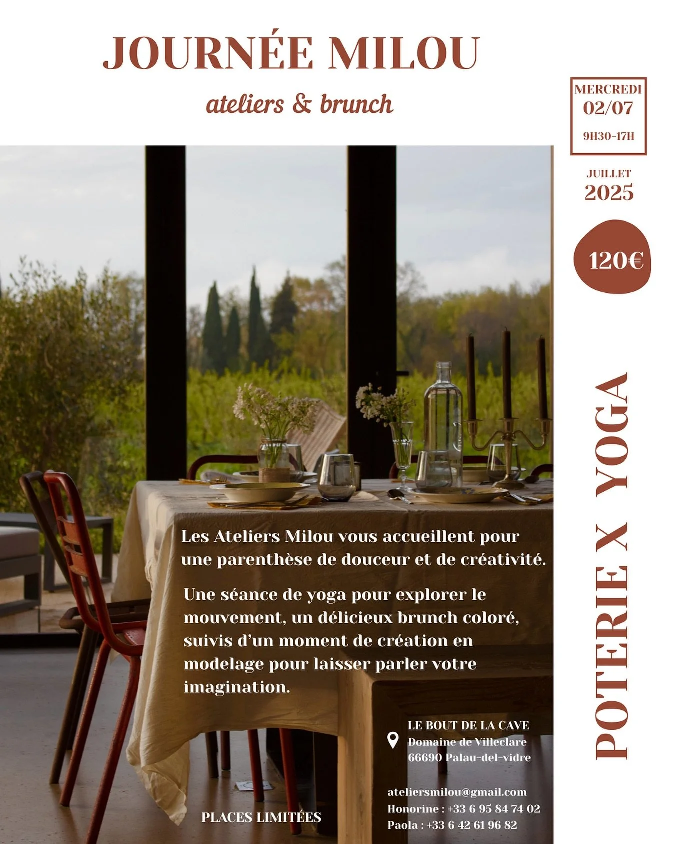 Les ateliers Milou te proposent un format journ&eacute;e le MERCREDI 2 JUILLET 🔥

L&rsquo;id&eacute;e c&rsquo;est de se retrouver pour passez une journ&eacute;e full plaisir. 
Au programme : Yoga, brunch de dingue, atelier c&eacute;ramique et rigola