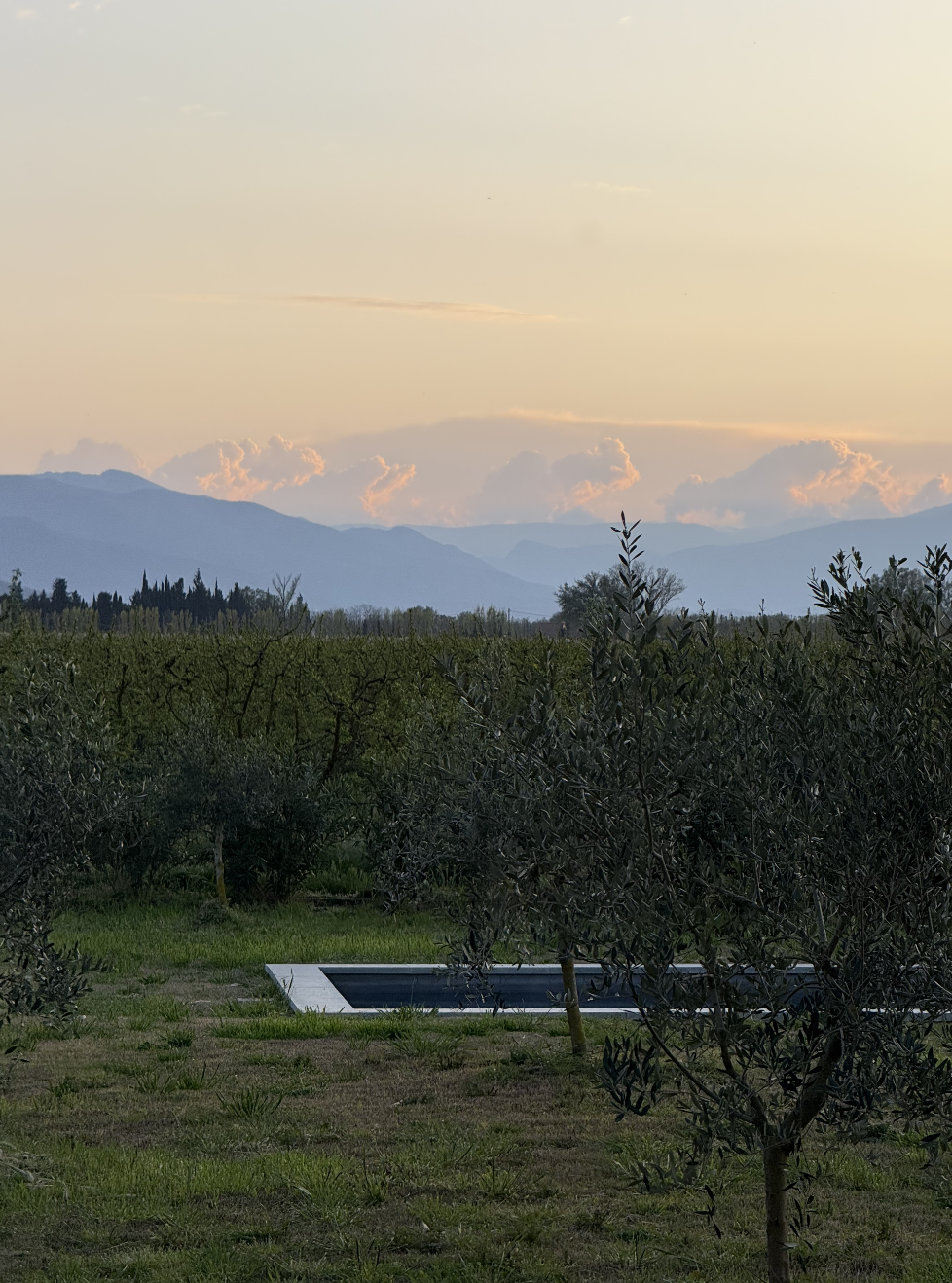 Paysage rural avec des arbres, un bassin d'eau, montagnes en arrière-plan et un ciel orageux au coucher de soleil.