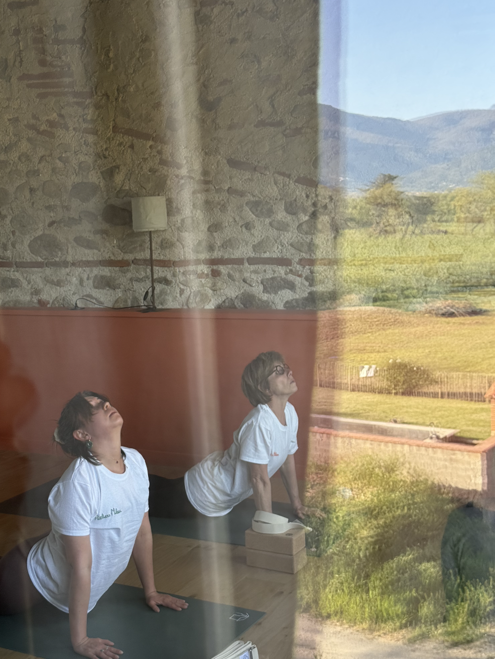Deux femmes pratiquent le yoga en position Cobra dans une salle, avec une fresque murale représentant un paysage campagnard en arrière-plan.