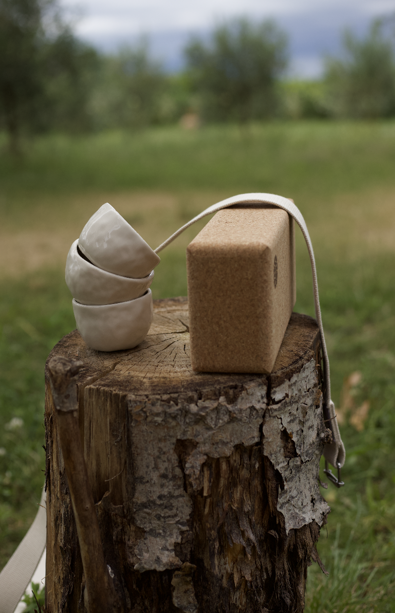 Tasses en céramique blanches empilées, boîte en carton et corde sur un tronc d'arbre en plein air avec un fond de nature verte et ciel nuageux.