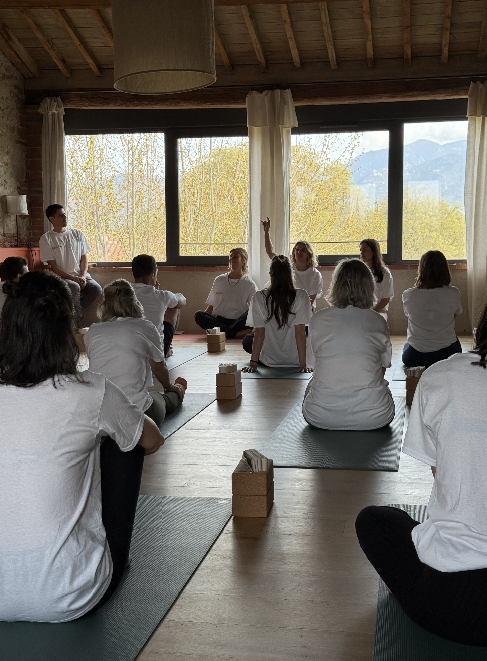 Groupe de personnes participant à un cours de yoga ou de méditation dans une salle avec vue sur la nature extérieure.