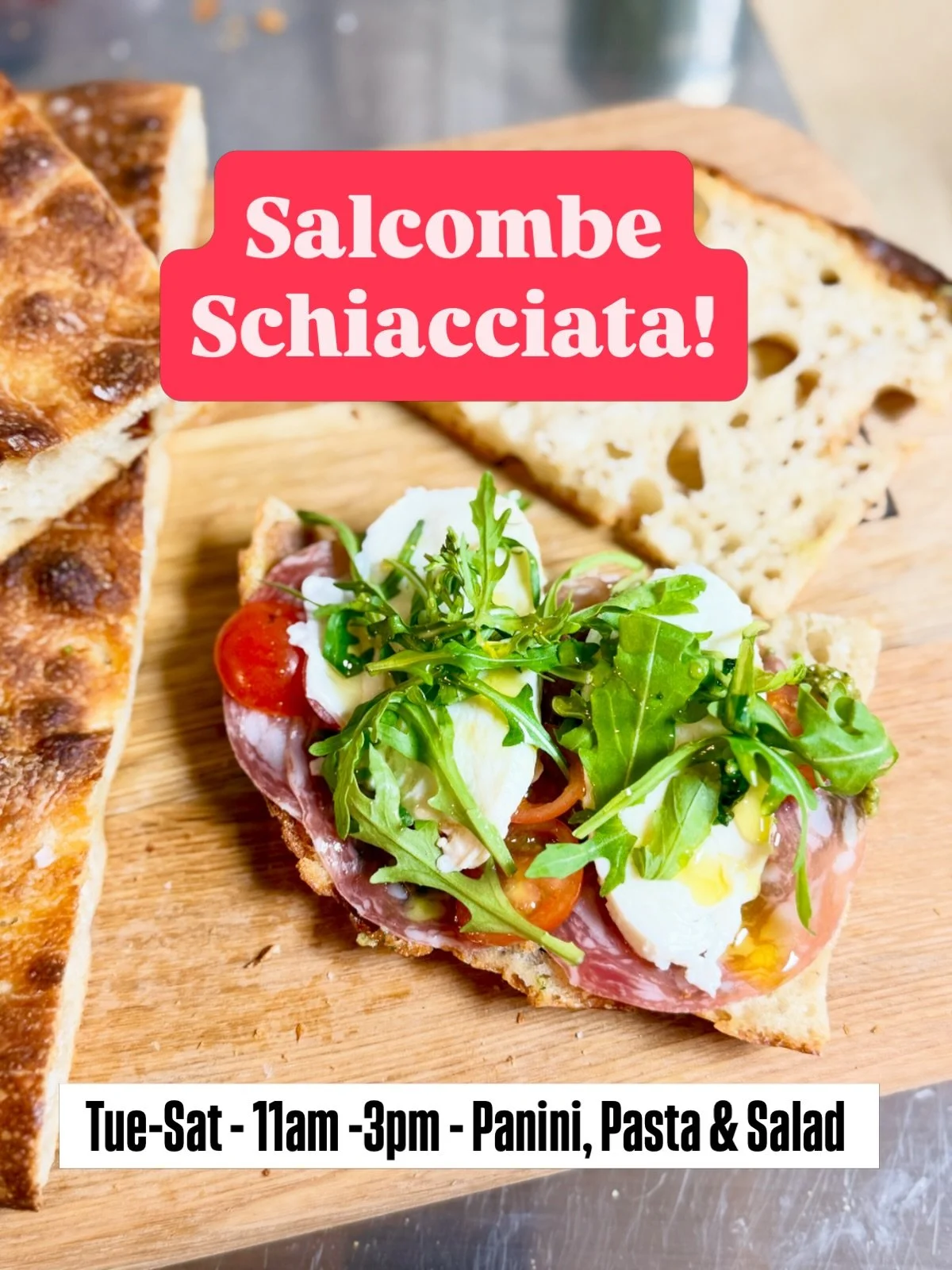 Bite into a crunchy, crispy, salty, soft, juicy, unctuous panini of wonder - the Salcombe Schiacciata! ❤️

- freshly made sourdough focaccia 🧑&zwj;🍳 
- homemade basil pesto 
- Napoli salami 
- mozzarella di bufala
- tomatoes
- rocket
- olive oil

A