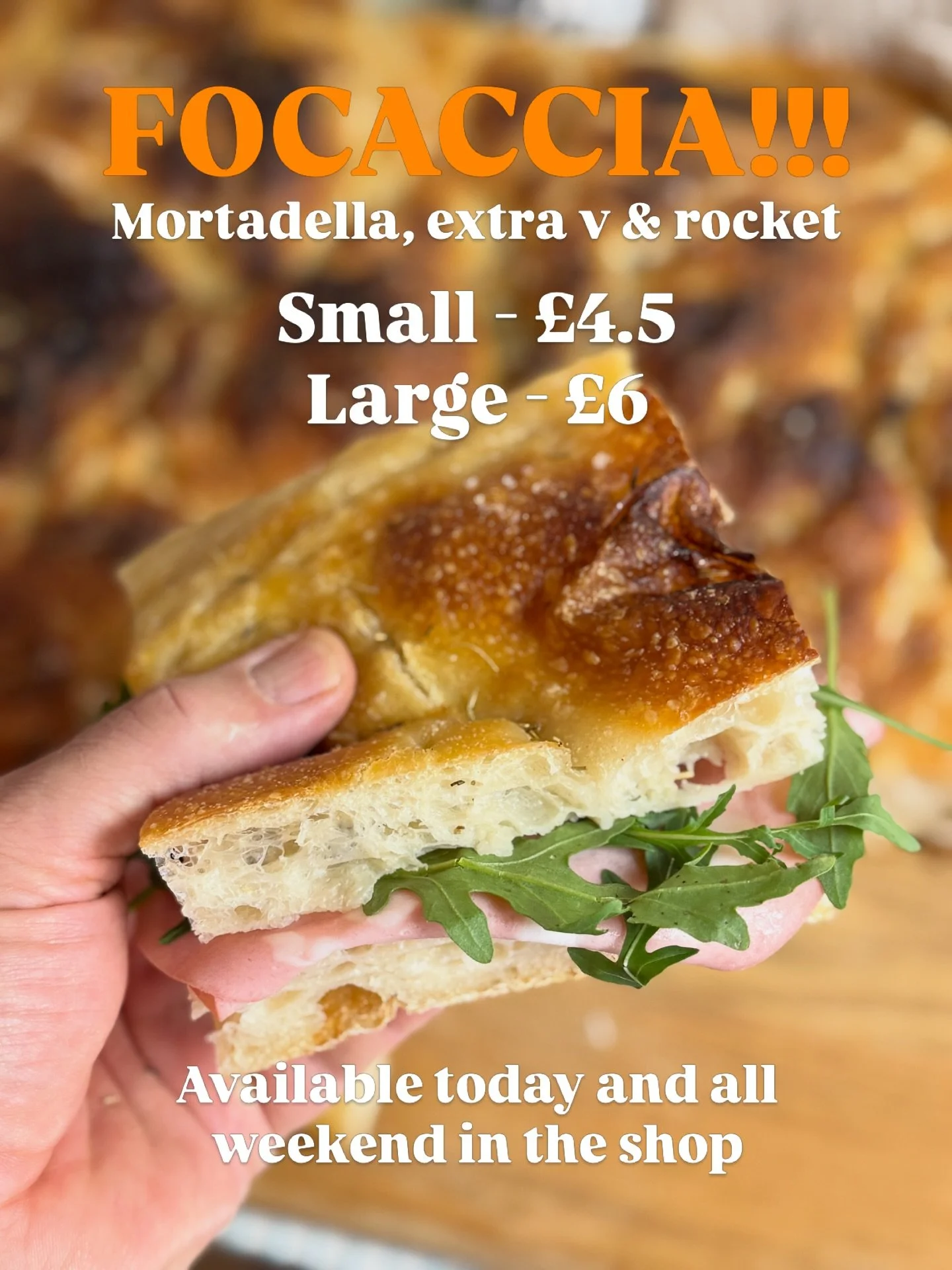 We have teamed up with good mate Omar from @artigranobakery.co.uk who has just brought round some whopping duvets of Foccacia! 🤗 

Available today, tomorrow and Sunday in the shop: Mortadella, rocket, &amp; extra virgin olive oil paninis......simple